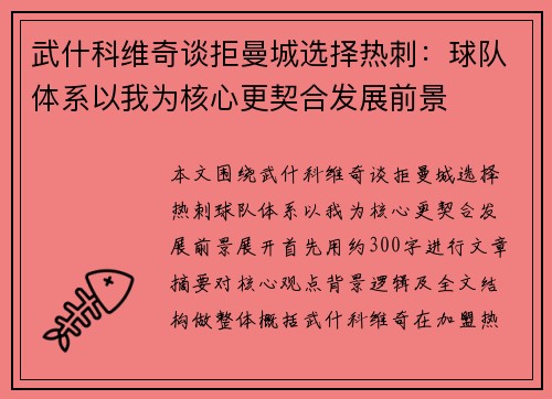 武什科维奇谈拒曼城选择热刺:球队体系以我为核心更契合发展前景 武什科维奇谈拒曼城选择热刺:球队体系以我为核心更契合发展前景