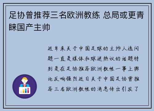 足协曾推荐三名欧洲教练 总局或更青睐国产主帅 足协曾推荐三名欧洲教练 总局或更青睐国产主帅